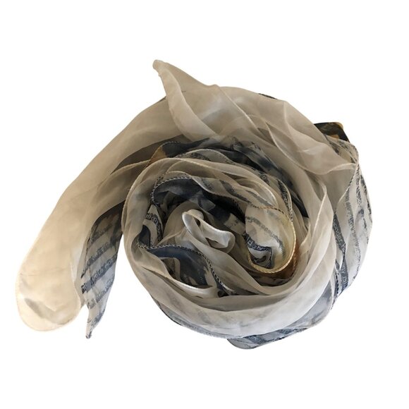 Dual White Sheer Lightweight Scarf with Blue Beige Abstract Pattern 10x92 inch - Picture 2 of 6